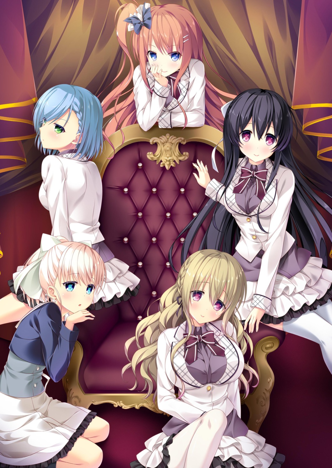 hanamori_shiori, hook, ixshe_tell, jpeg_artifacts, koshimizu_kasumi, kozuka_yui, pantyhose, rinks, seifuku, thighhighs, yamabuki_yoshino, yuuki_ayaka