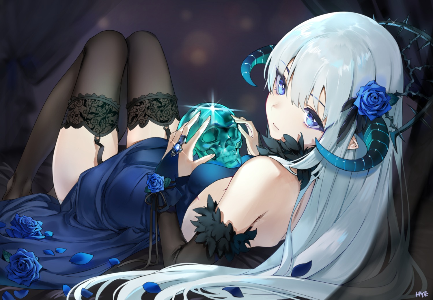 dress, hieung, horns, pointy_ears, skirt_lift, stockings, thighhighs