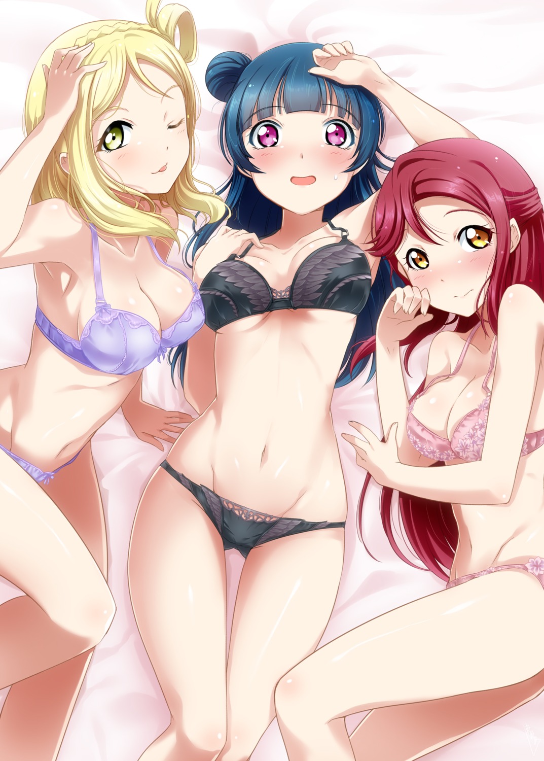 bra, bunji, cleavage, love_live!_(series), love_live!_sunshine!!, ohara_mari, pantsu, sakurauchi_riko, tsushima_yoshiko, underboob