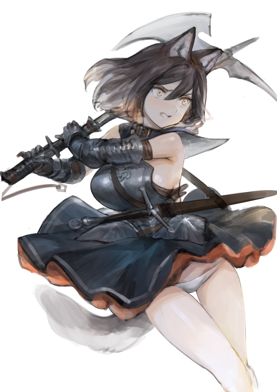 animal_ears, dokshuri, dress, pantsu, skirt_lift, sword, tail, weapon
