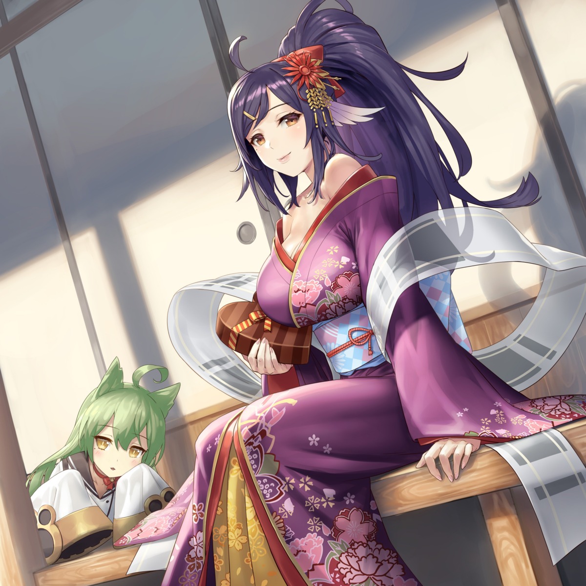 akashi_(azur_lane), animal_ears, azur_lane, cleavage, cuboon, houshou_(azur_lane), kimono, open_shirt