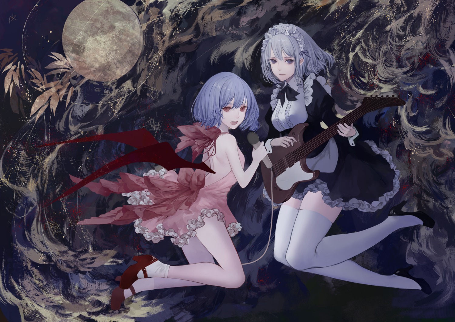 dress, guitar, heels, izayoi_sakuya, kelou, maid, no_bra, remilia_scarlet, thighhighs, touhou, wings