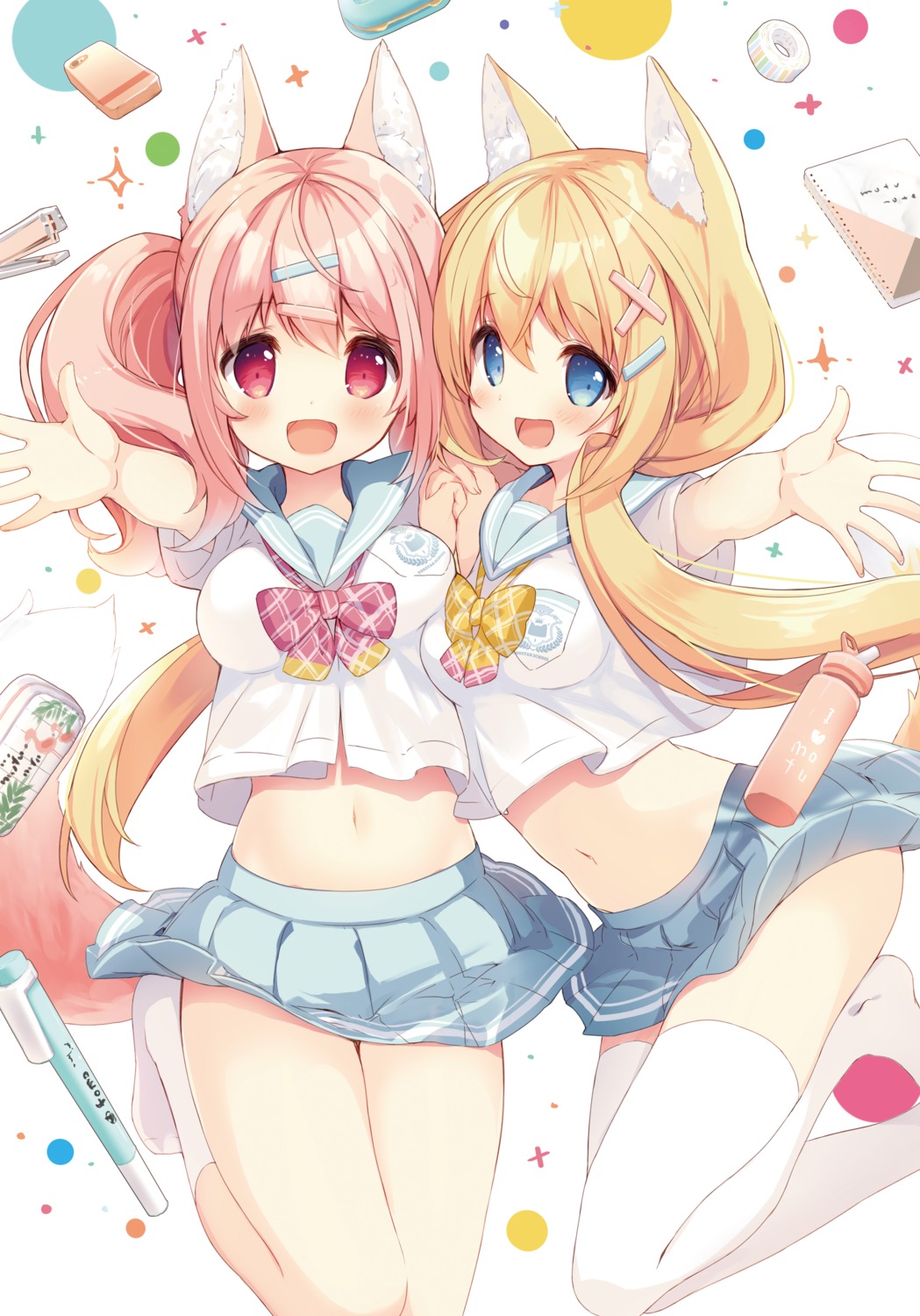 amamiya_aki, amamiya_mei, animal_ears, p19, seifuku, skirt_lift, tail, thighhighs