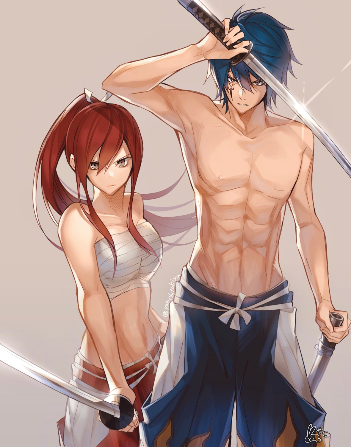 bandages, erza_scarlet, fairy_tail, japanese_clothes, jellal_fernandes, sarashi, sword, yae_chitokiya