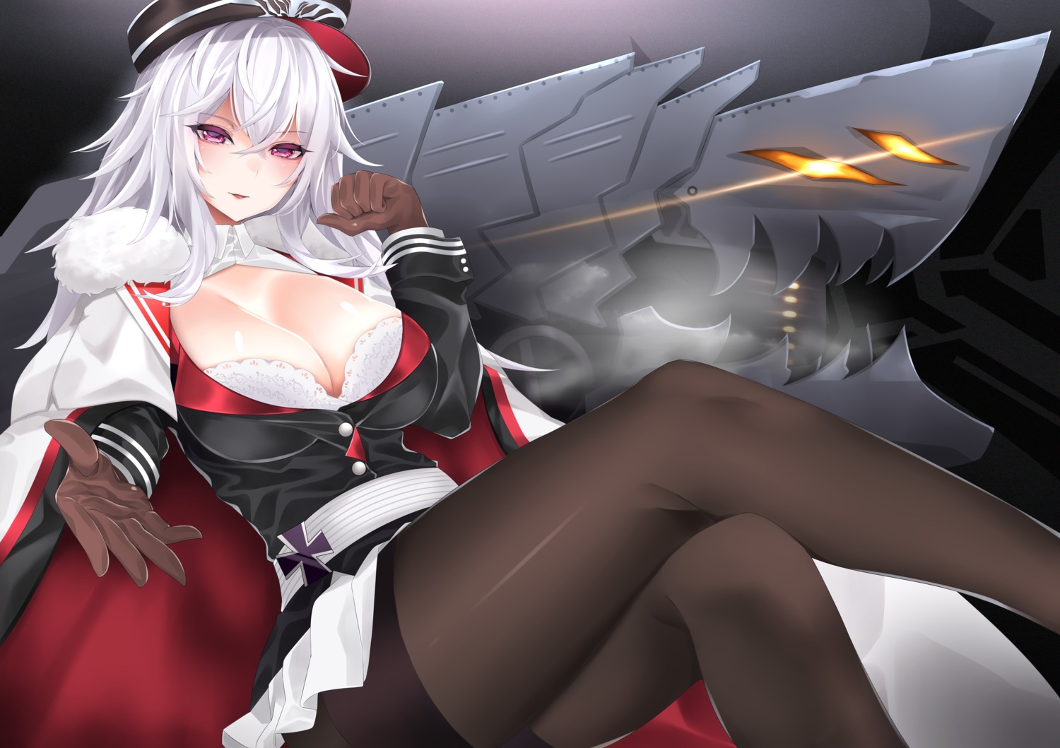azur_lane, bra, cleavage, graf_zeppelin_(azur_lane), open_shirt, pantyhose, surota, uniform