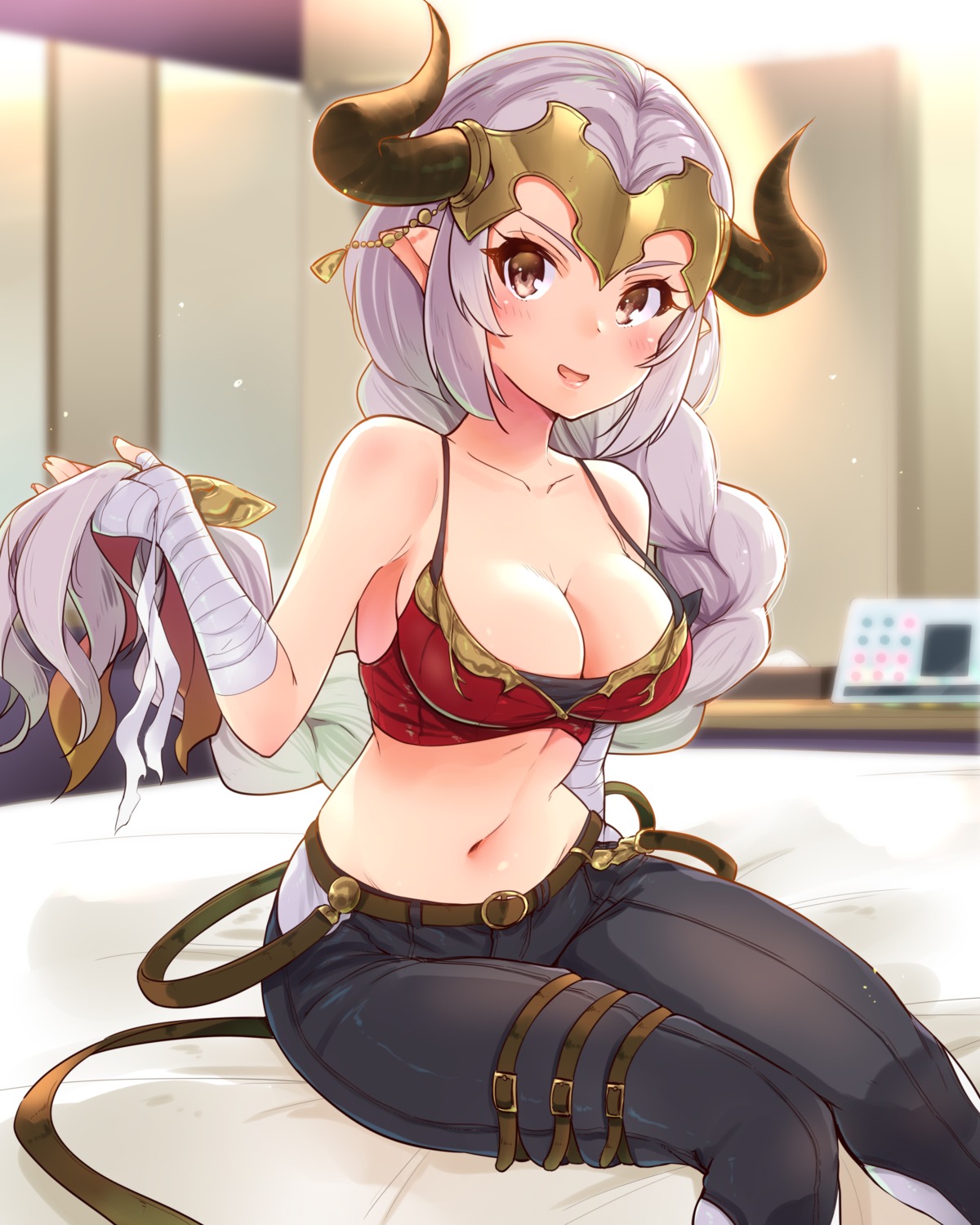 aleeza_(granblue_fantasy), bandages, cleavage, garter, granblue_fantasy, horns, pointy_ears, sarfata