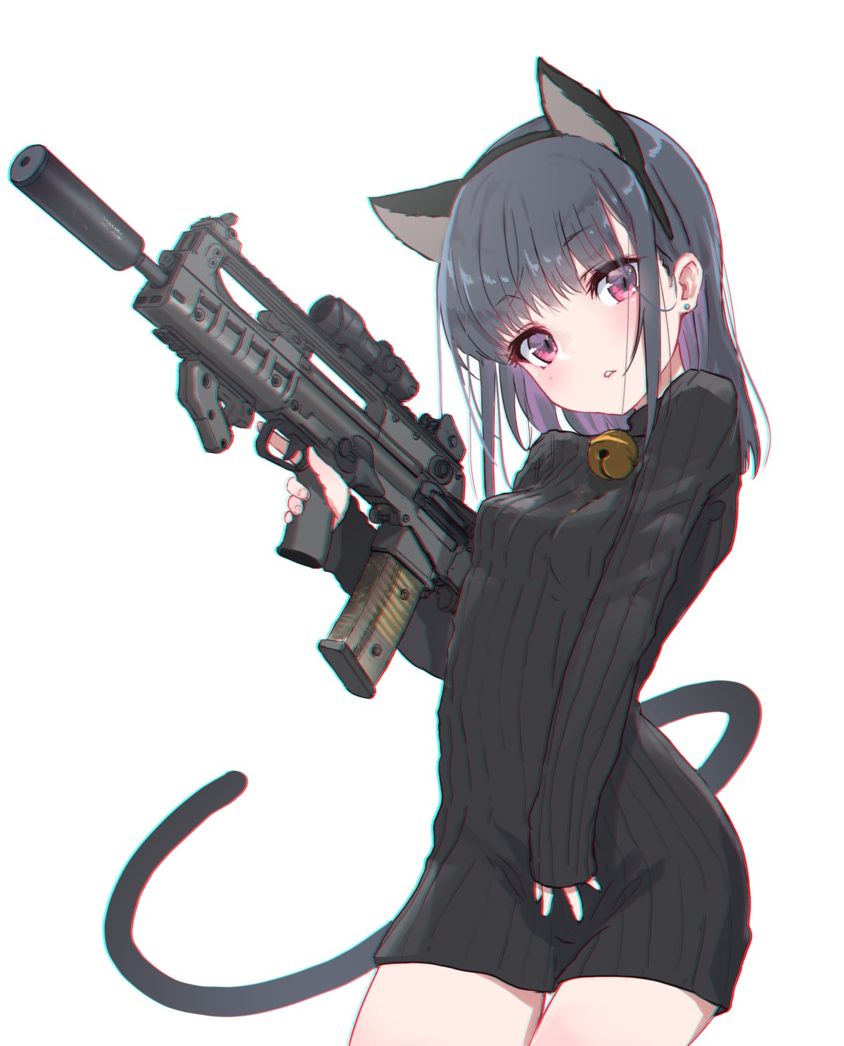 animal_ears, dress, gun, nekomimi, oota_youjo, sweater, tail