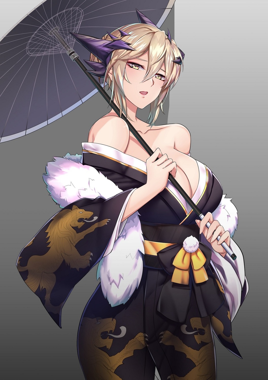 artoria_pendragon_(fate), artoria_pendragon_alter_(fate), cleavage, fate/grand_order, horns, kaiend, kimono, no_bra, open_shirt, umbrella