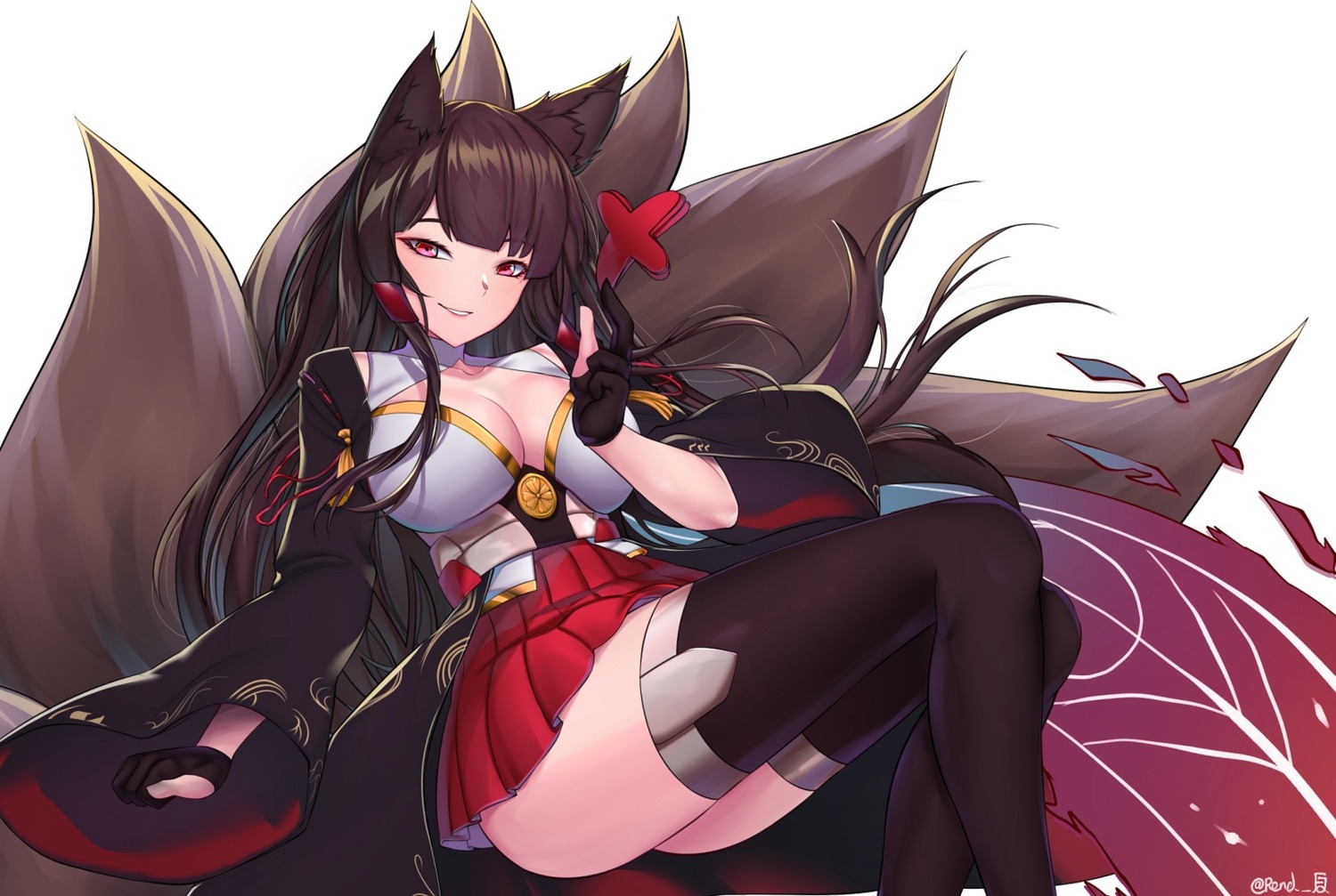 akagi_(azur_lane), animal_ears, azur_lane, cleavage, kaiend, kitsune, tail, thighhighs
