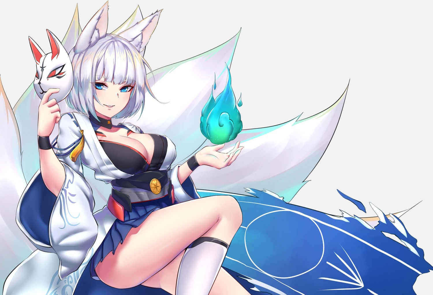 animal_ears, azur_lane, cleavage, kaga_(azur_lane), kaiend, kitsune, tail