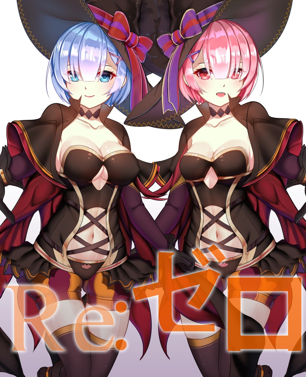 cleavage, halloween, kaiend, pantsu, ram_(re_zero), re:zero_kara_hajimeru_isekai_seikatsu, rem_(re_zero), thighhighs