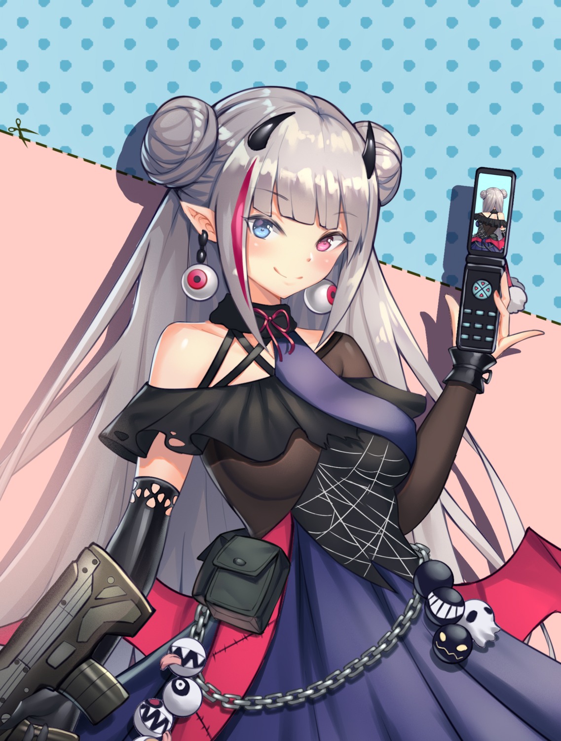 dress, girls_frontline, gun, heterochromia, horns, konishi_(565112307), mdr_(girls_frontline), pointy_ears