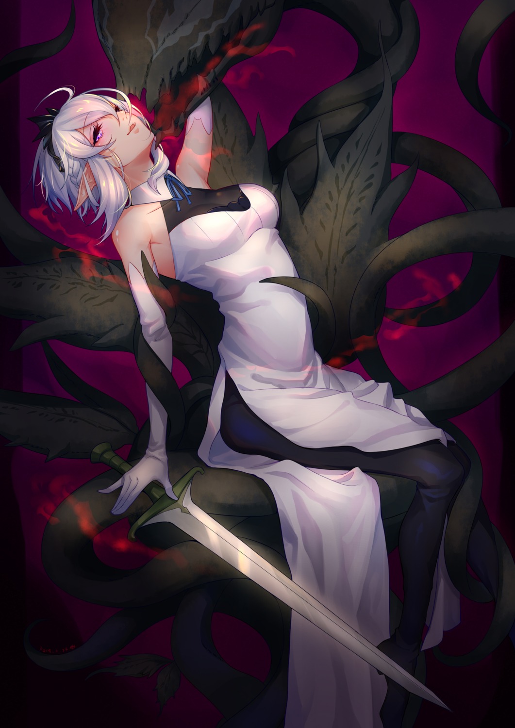 dress, pixiv_fantasia, pixiv_fantasia_last_saga, sword, tentacles, weiyudurou