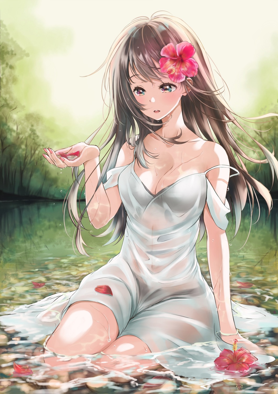 bra, cleavage, dress, pantsu, see_through, summer_dress, timo_wei95, wet, wet_clothes