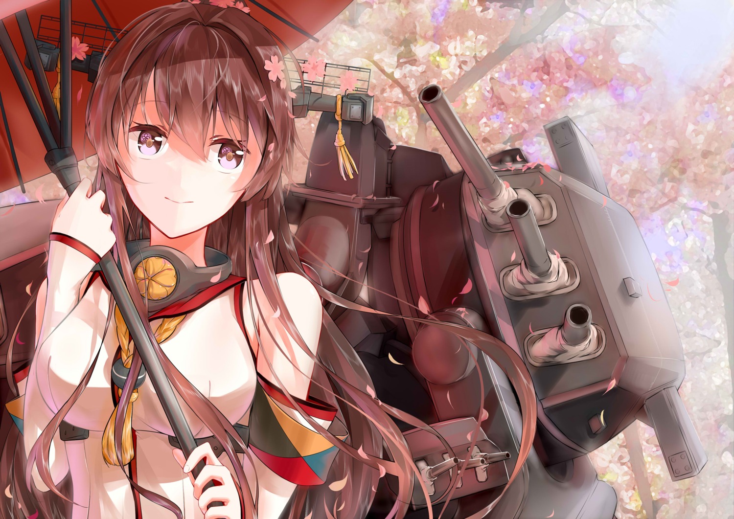 armor, japanese_clothes, kantai_collection, shippitsu, umbrella, weapon, yamato_(kancolle)