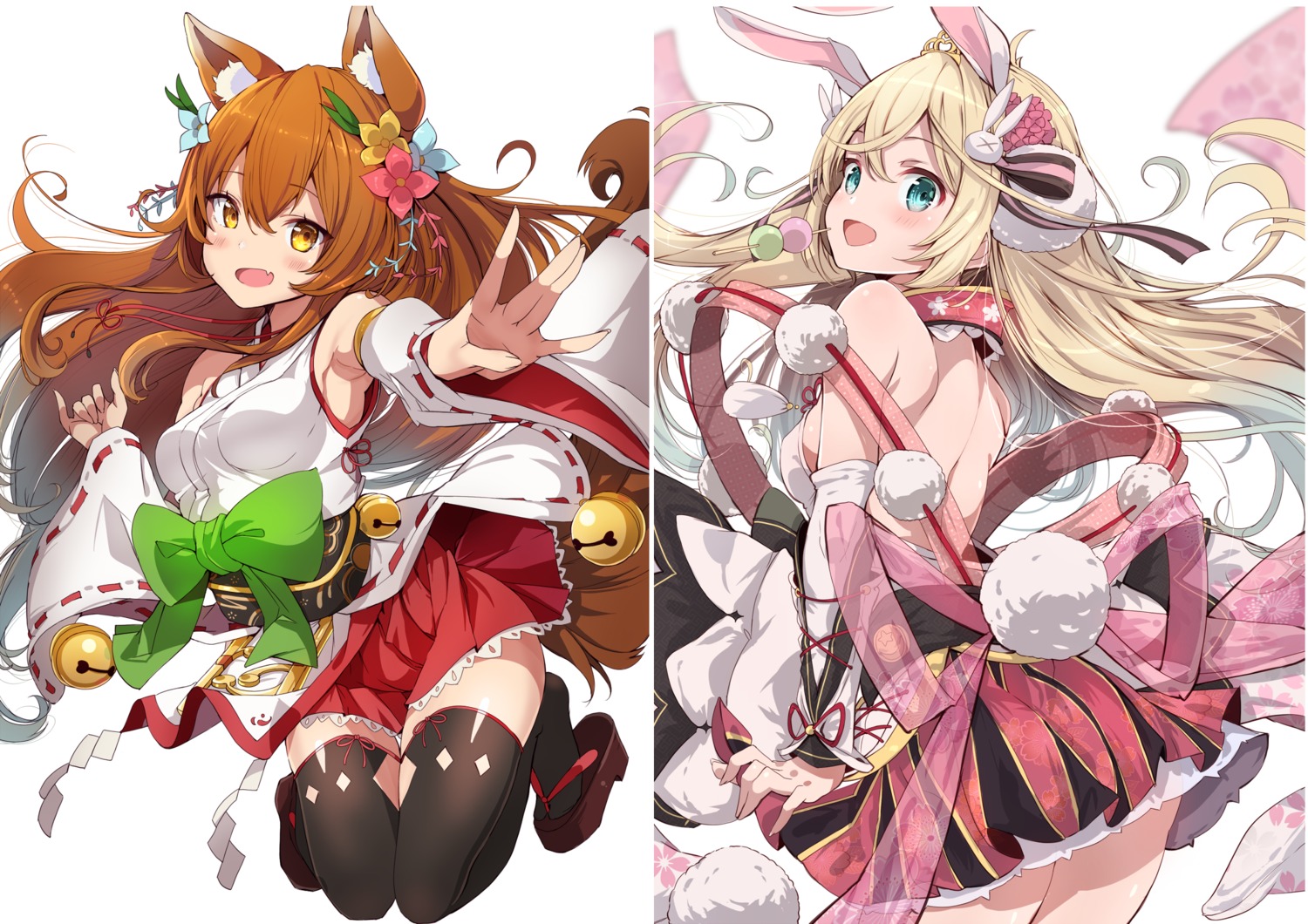 animal_ears, bunny_ears, fuku_kitsune, japanese_clothes, shironeko_project, tail, thighhighs, tsukimi_(shironeko_project)