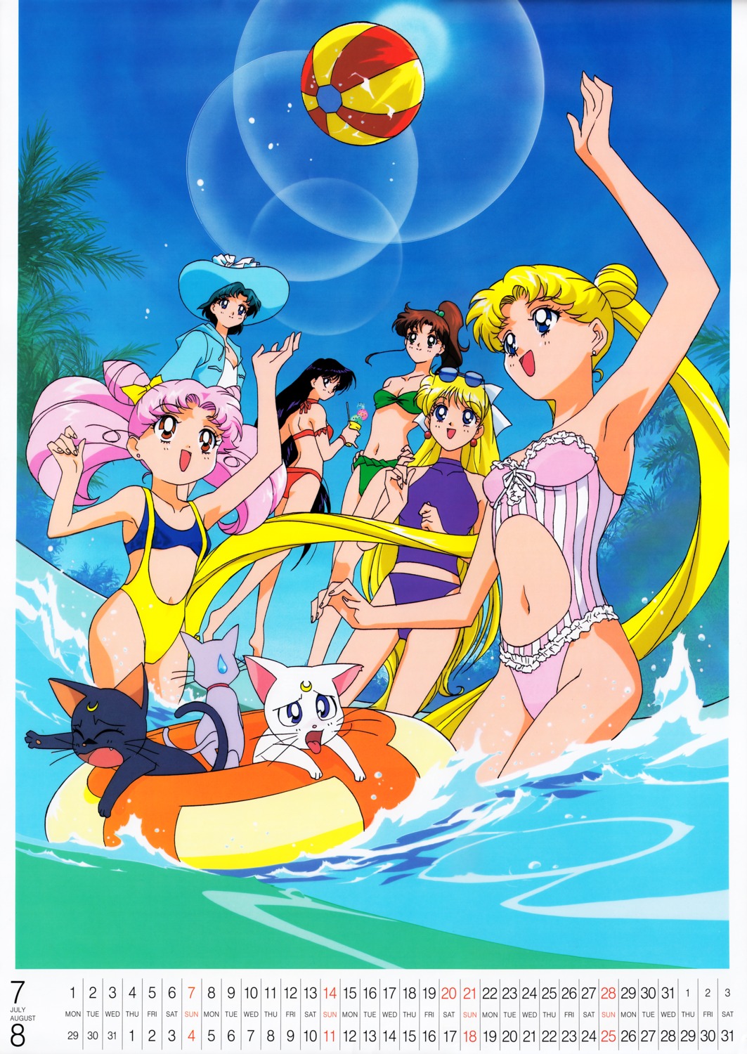 aino_minako, artemis_(sailor_moon), bikini, bishoujo_senshi_sailor_moon, calendar, chibiusa, cleavage, diana_(sailor_moon)