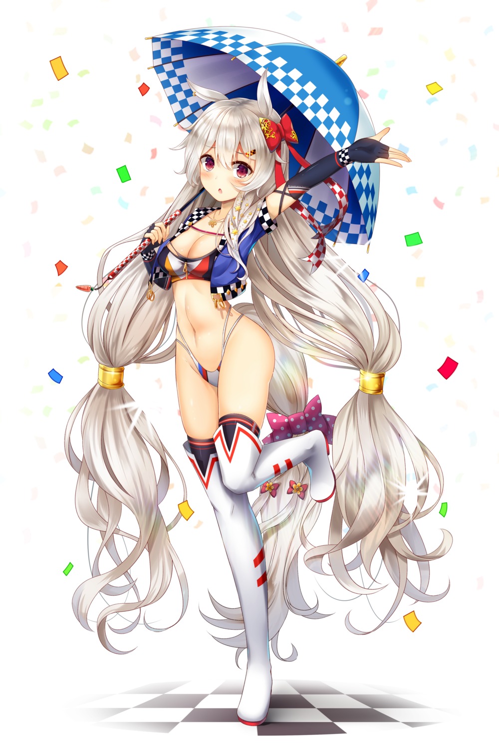 akine_(kuroyuri), animal_ears, bikini, cleavage, heels, open_shirt, swimsuits, thighhighs