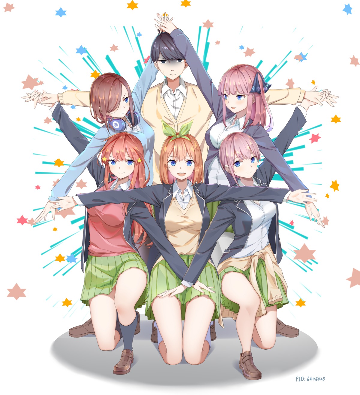 5-toubun_no_hanayome, headphones, kongbai, nakano_ichika, nakano_itsuki, nakano_miku, nakano_nino, nakano_yotsuba