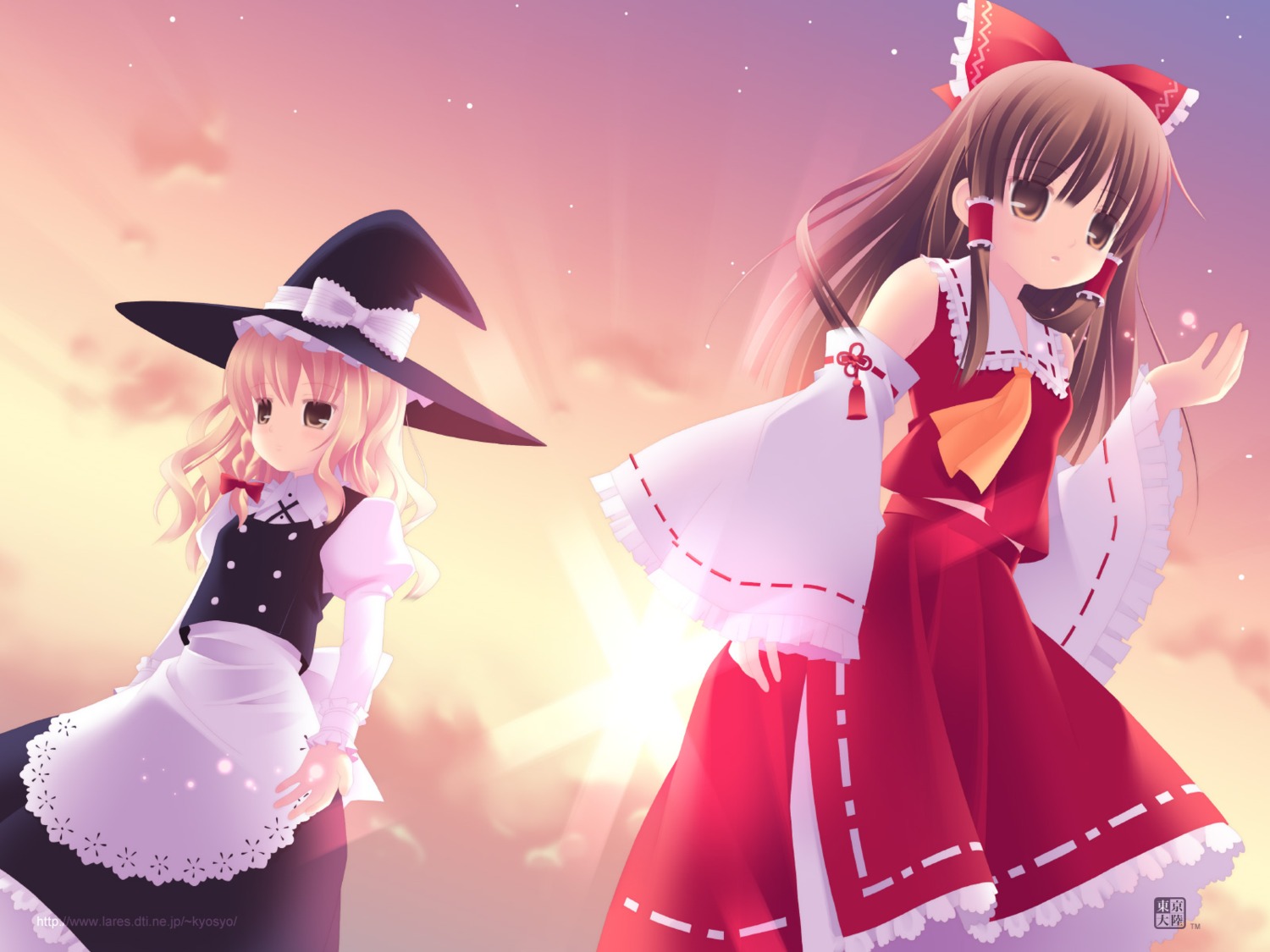 hakurei_reimu, kirisame_marisa, kurasawa_kyoushou, touhou, wallpaper