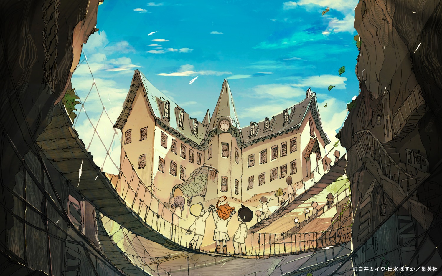 demizu_posuka, emma_(yakusoku_no_neverland), landscape, norman_(yakusoku_no_neverland), ray_(yakusoku_no_neverland), seifuku, yakusoku_no_neverland