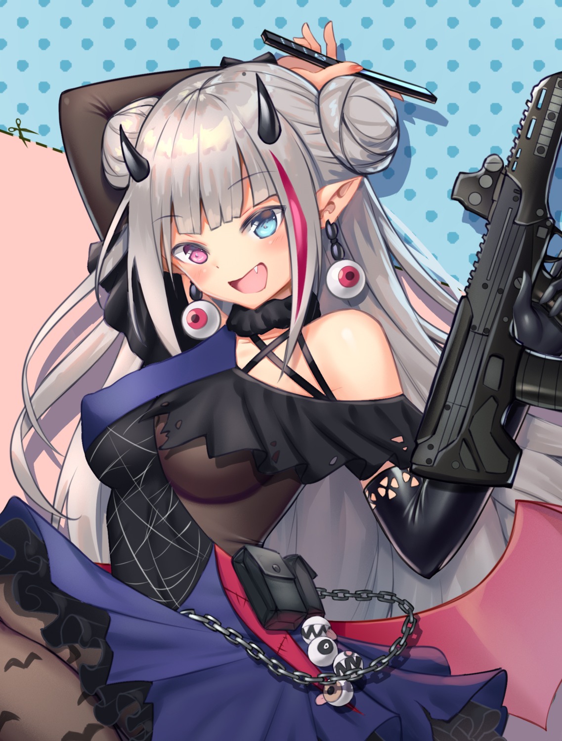 girls_frontline, gun, heterochromia, horns, konishi_(565112307), mdr_(girls_frontline), pantyhose, pointy_ears