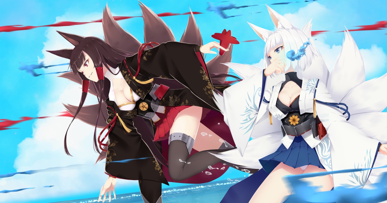akagi_(azur_lane), animal_ears, azur_lane, cleavage, kaga_(azur_lane), kitsune, nestea, pantsu
