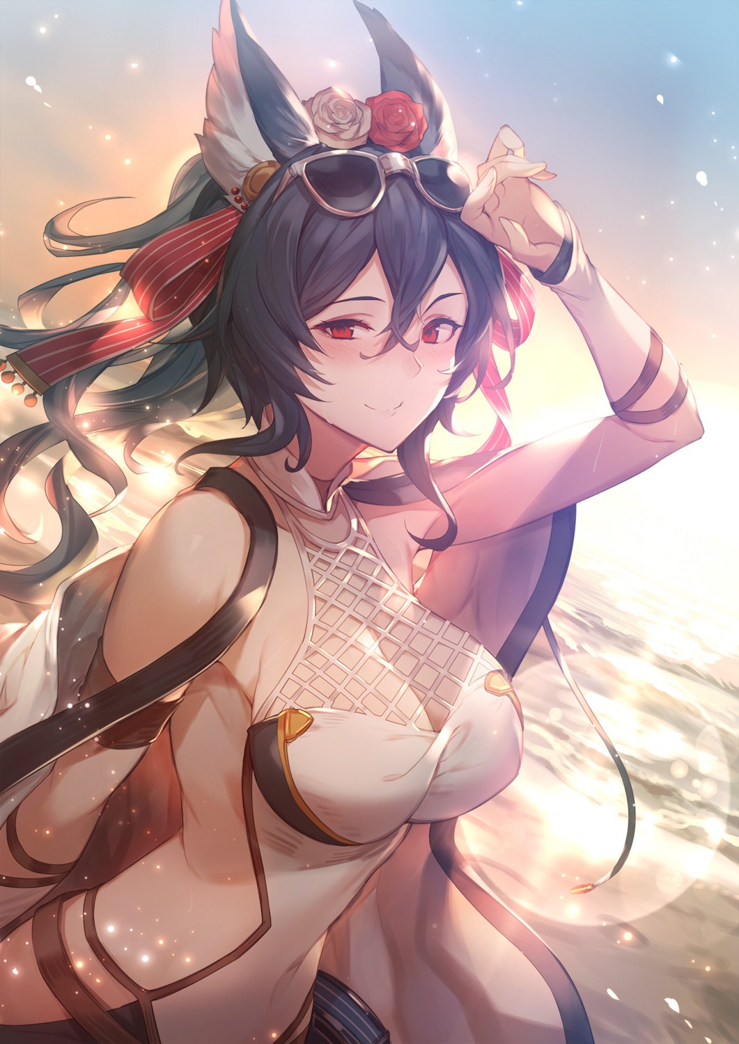 animal_ears, cleavage, fishnets, granblue_fantasy, ilsa_(granblue_fantasy), kakage, megane, swimsuits