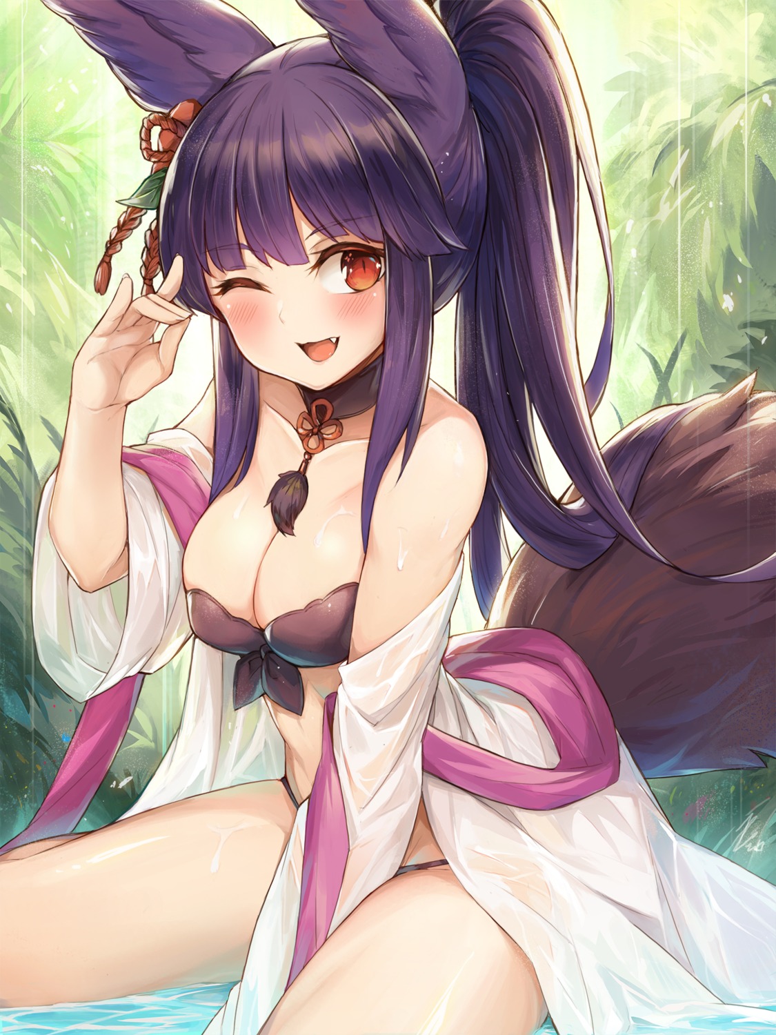 animal_ears, bikini, cleavage, granblue_fantasy, mou_tama_maru, open_shirt, see_through, swimsuits, tail, wet, wet_clothes, yuel_(granblue_fantasy)