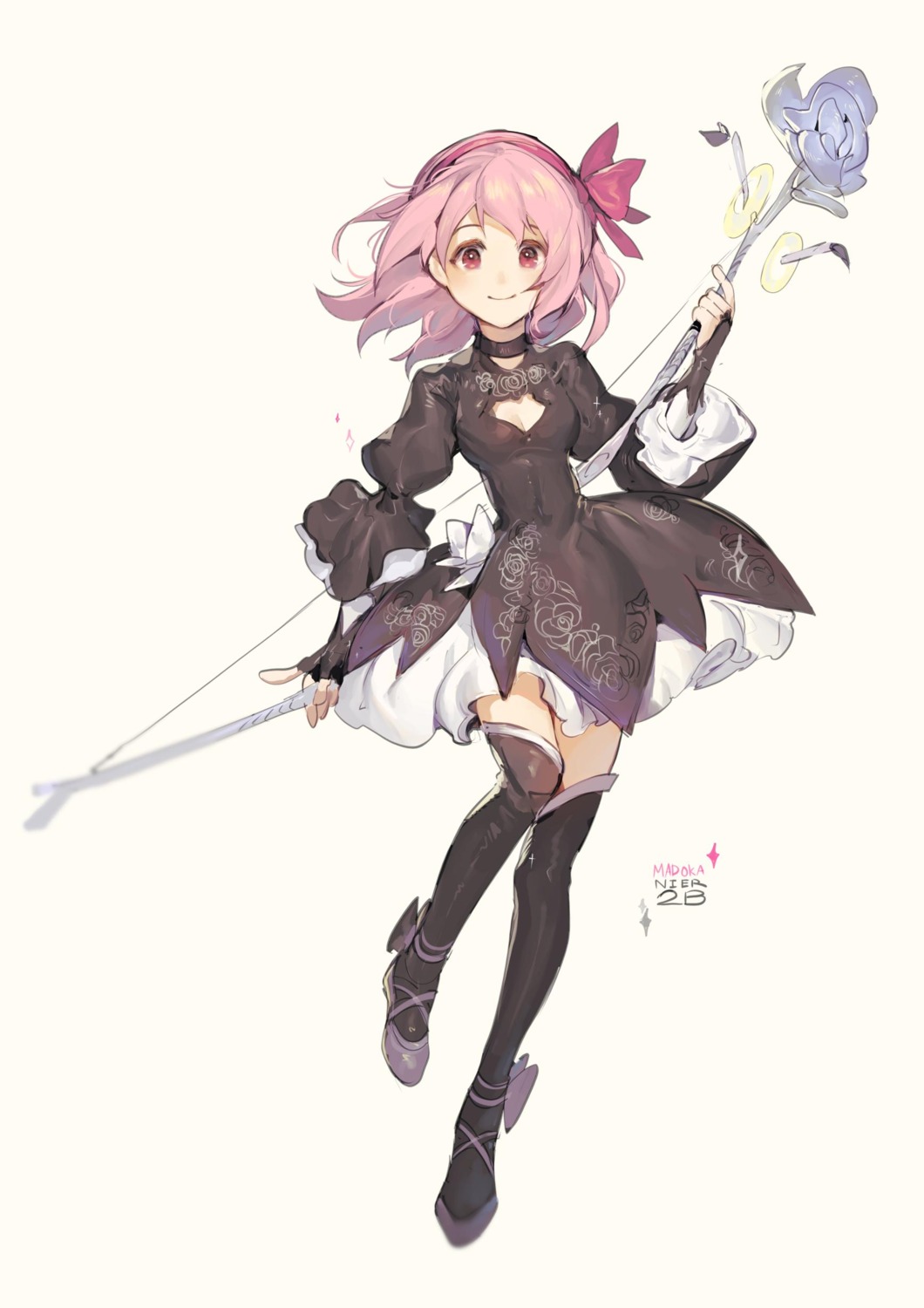 cleavage, cosplay, dress, mahou_shoujo_madoka_magica, nier, nier_automata, thighhighs, velahka, weapon, yorha_no.2_type_b