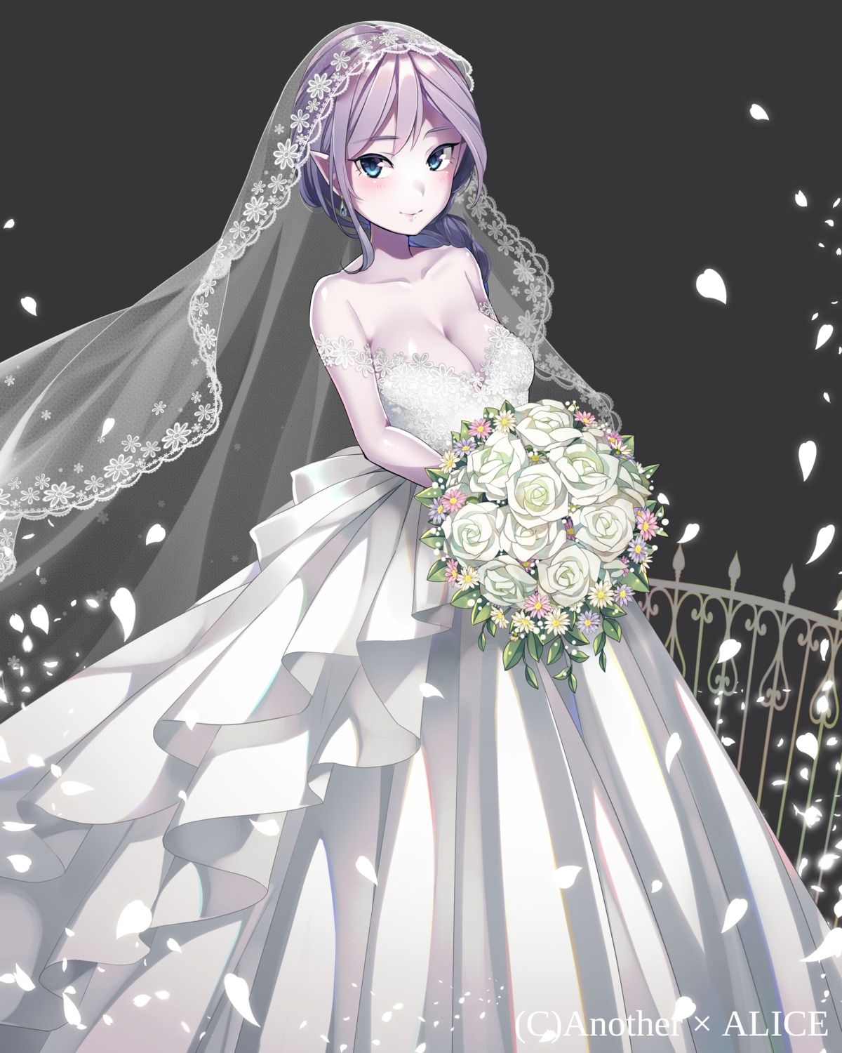 anotherxalice, cleavage, dress, nyasunyadoora, pointy_ears, wedding_dress