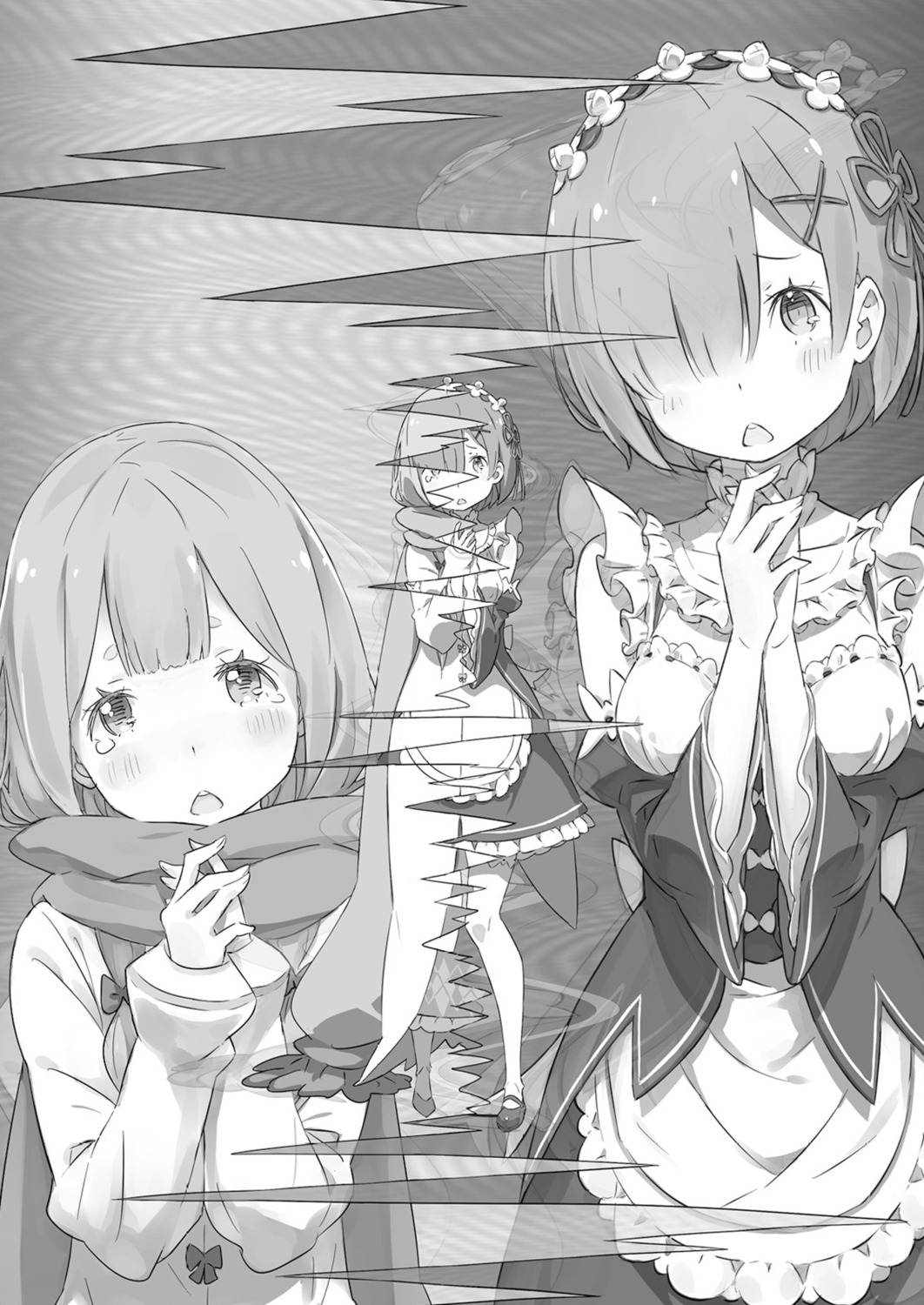 carmilla_(re_zero), dress, maid, monochrome, ootsuka_shinichirou, re:zero_kara_hajimeru_isekai_seikatsu, rem_(re_zero)
