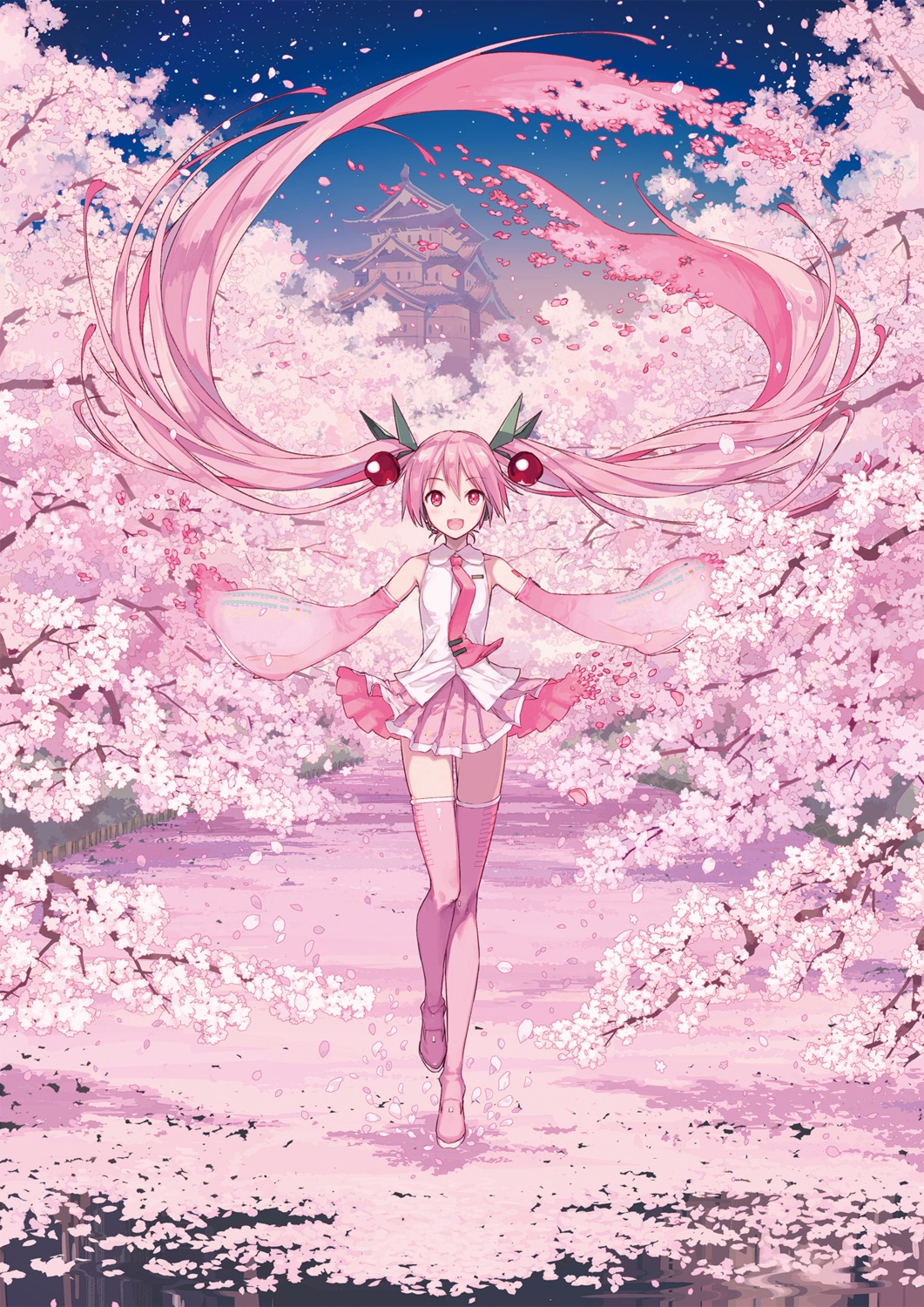 hatsune_miku, headphones, ixima, sakura_miku, skirt_lift, thighhighs, vocaloid