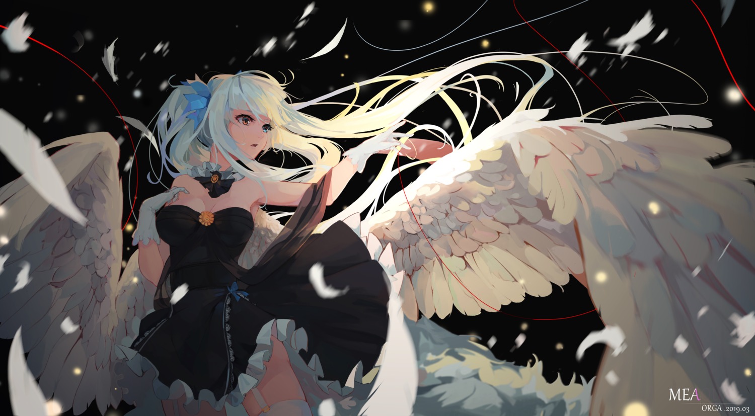cleavage, dress, heterochromia, kagura_mea, kagura_mea_channel, orga, skirt_lift, stockings, thighhighs, wings