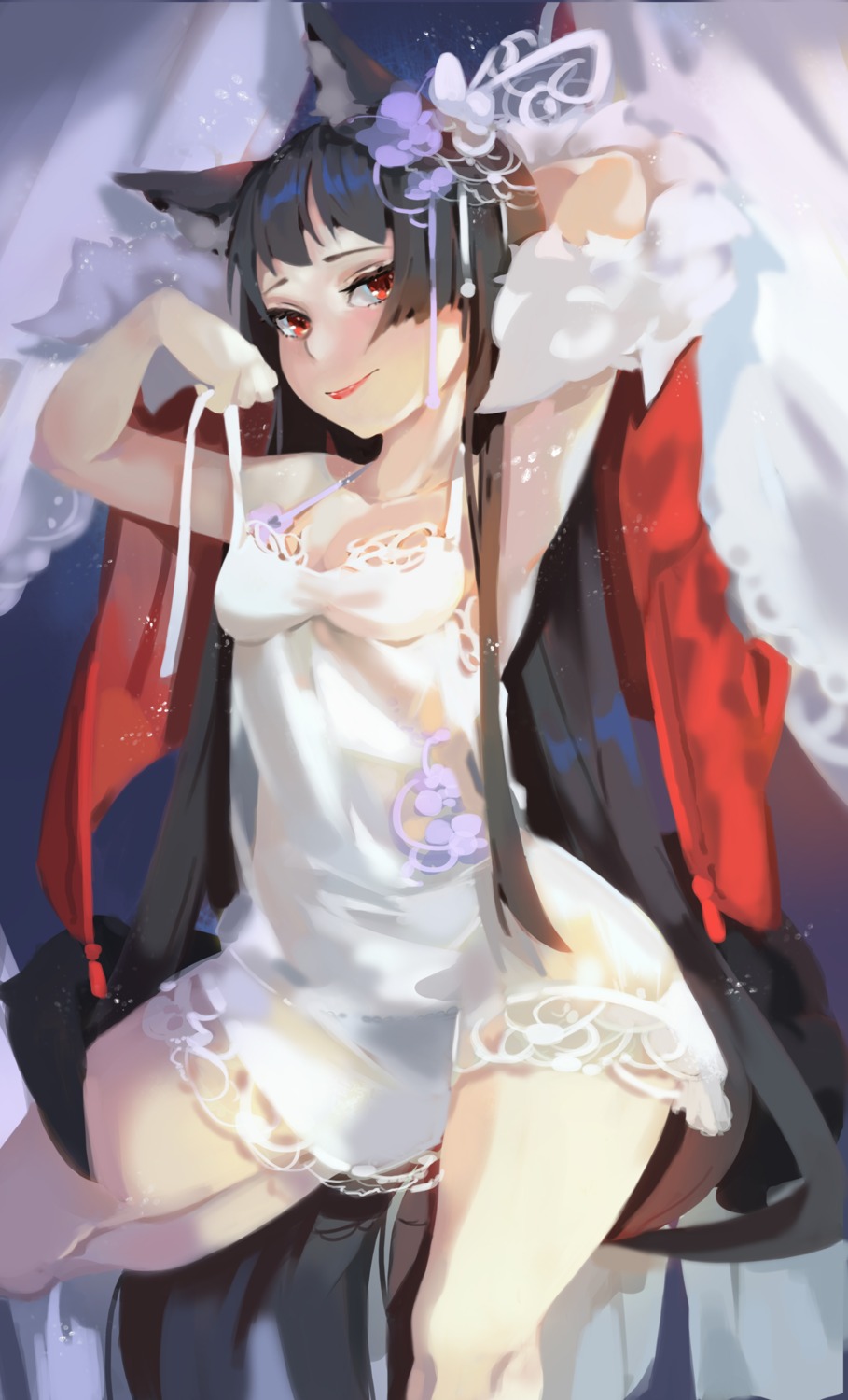 animal_ears, cleavage, kitsune, lingerie, mozhi, see_through, tail