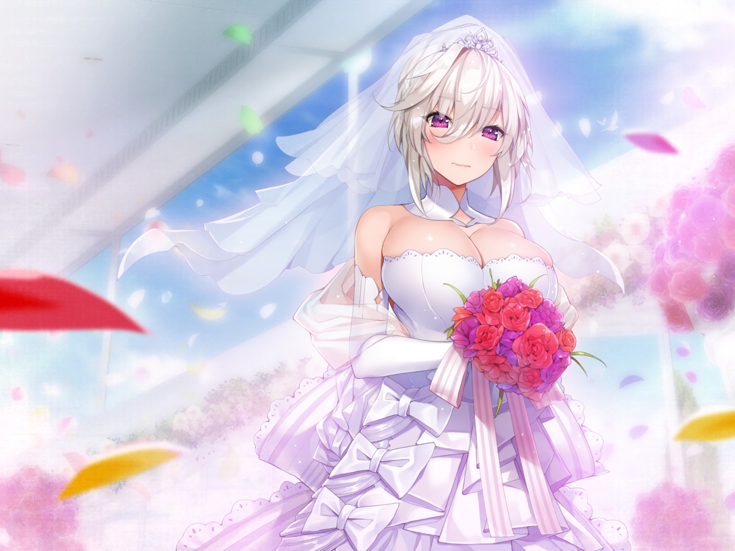 azarashi_soft, cleavage, dress, eve_(maid-san_no_iru_kurashi), game_cg, maid-san_no_iru_kurashi, wedding_dress, yaman