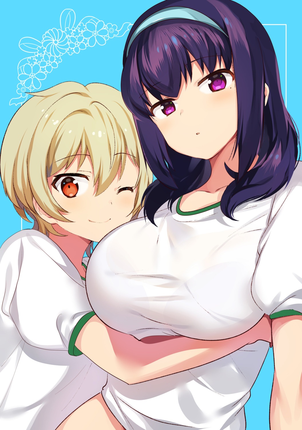 breast_hold, gym_uniform, harumi_hana, ichihara_chiaki, konbu_wakame, sekai_de_ichiban_oppai_ga_suki!, yuri