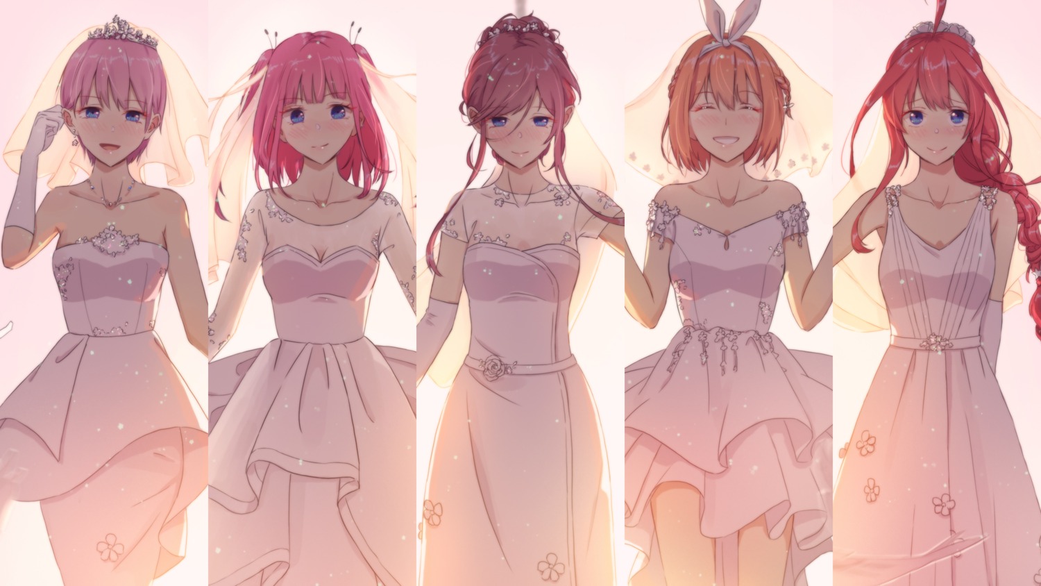 5-toubun_no_hanayome, cleavage, dress, nakano_ichika, nakano_itsuki, nakano_miku, nakano_nino, nakano_yotsuba, see_through, vivid507, wedding_dress