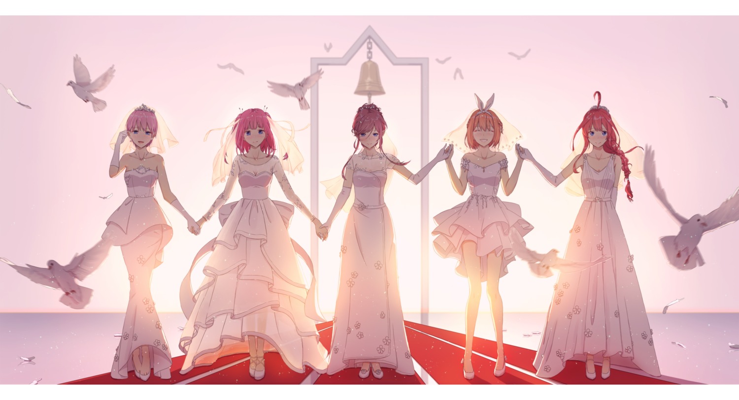 5-toubun_no_hanayome, cleavage, dress, heels, nakano_ichika, nakano_itsuki, nakano_miku, nakano_nino, nakano_yotsuba, see_through, vivid507, wedding_dress