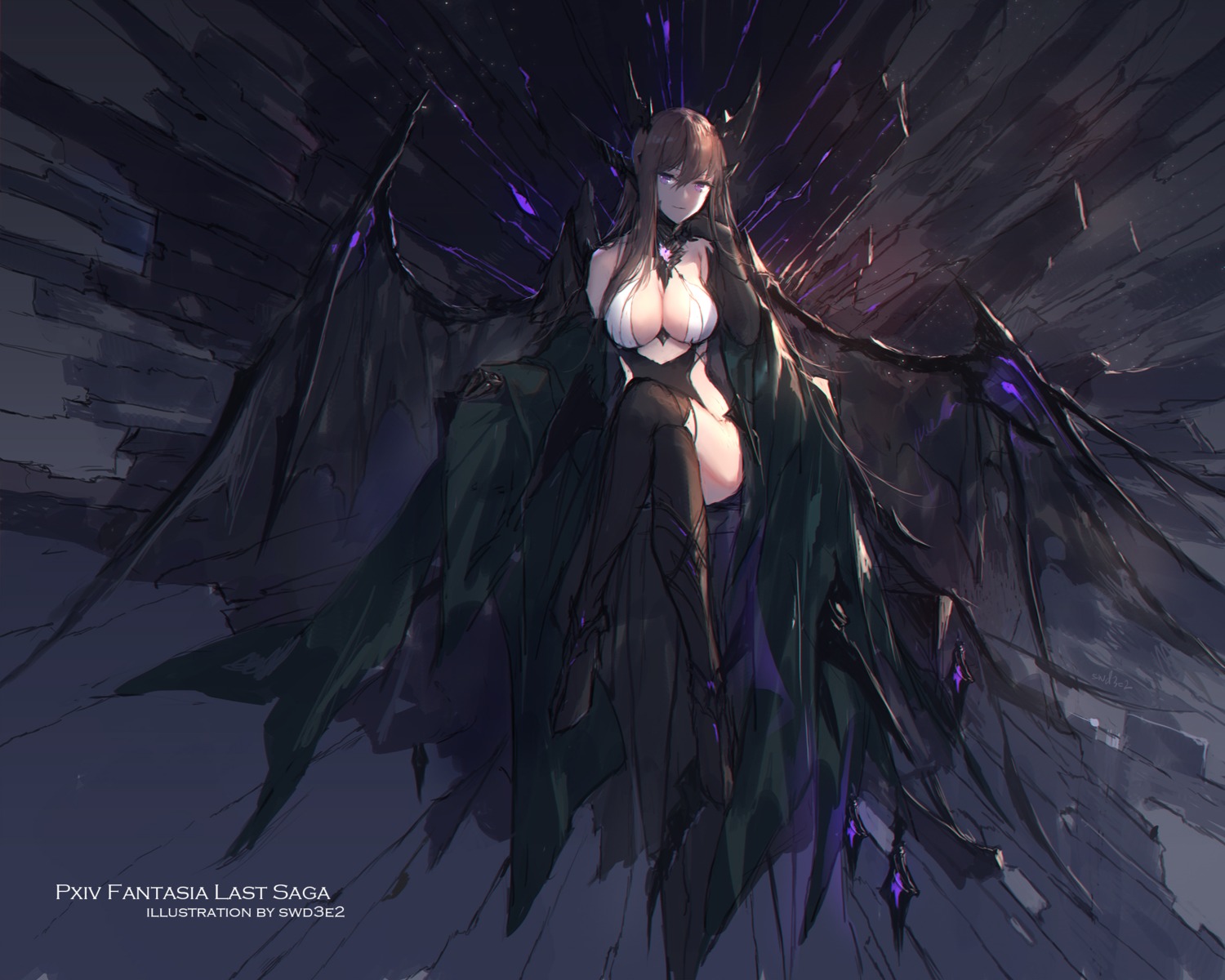 cleavage, horns, no_bra, pixiv_fantasia, pixiv_fantasia_last_saga, swd3e2, thighhighs, wings