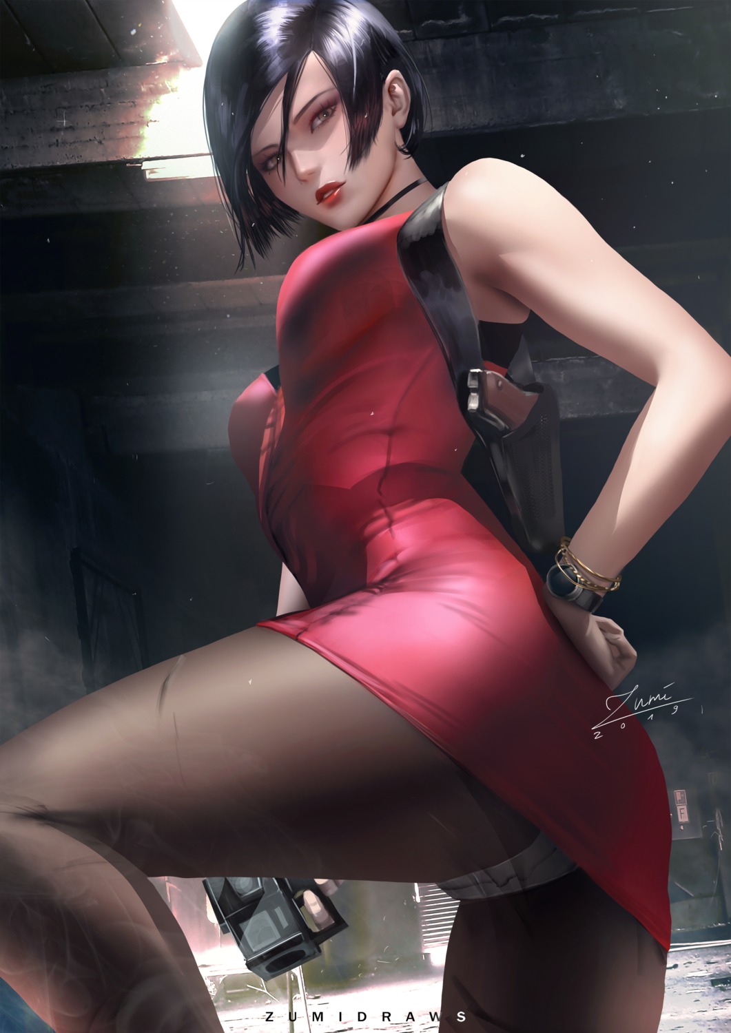 ada_wong, ass, dress, gun, official_watermark, pantsu, pantyhose, resident_evil, see_through, zumi_(zumidraws)
