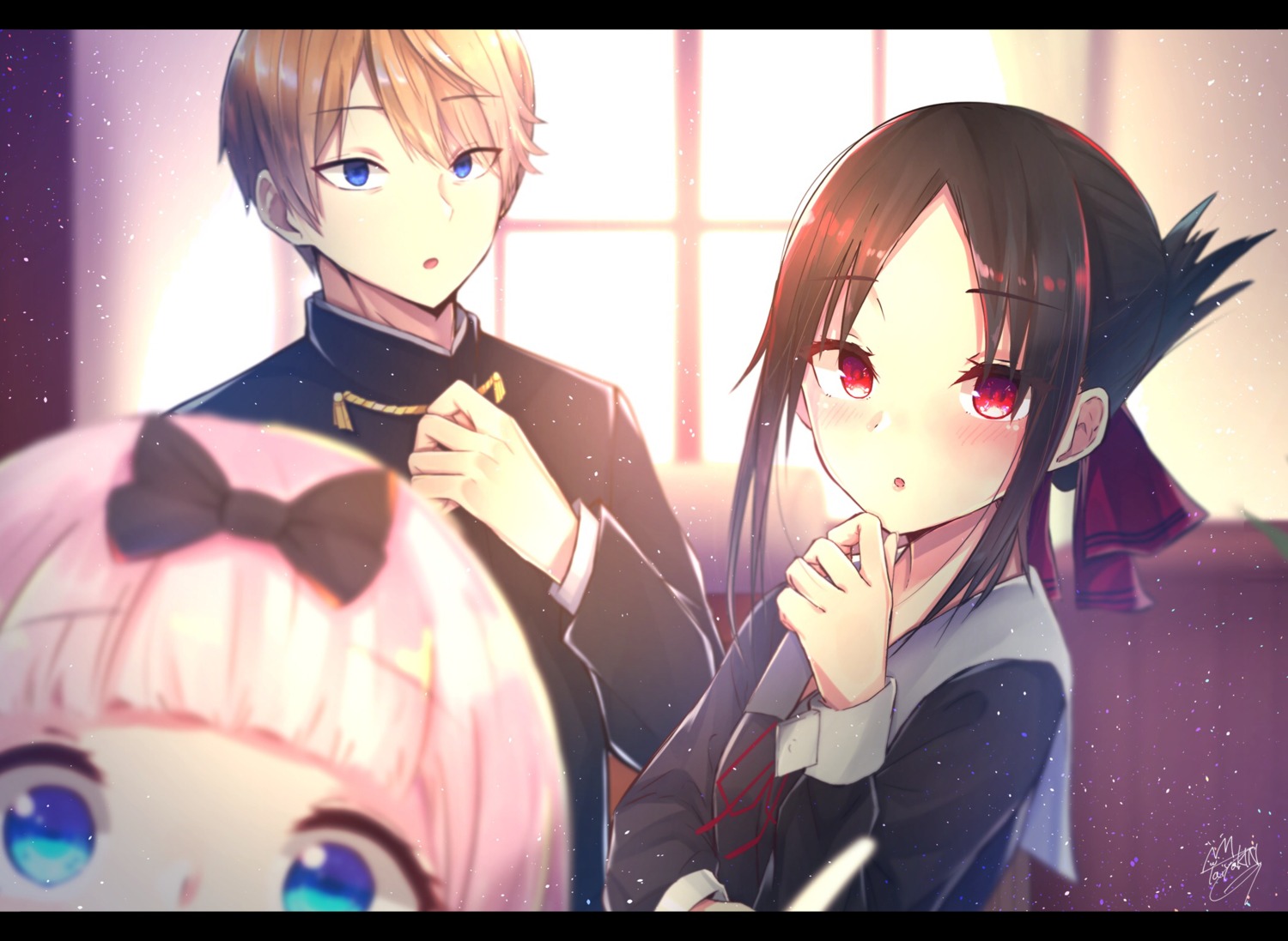 fujiwara_chika, kaguya-sama_wa_kokurasetai_~tensai-tachi_no_renai_zunousen~, seifuku, shinomiya_kaguya, shirogane_miyuki, taiyaking