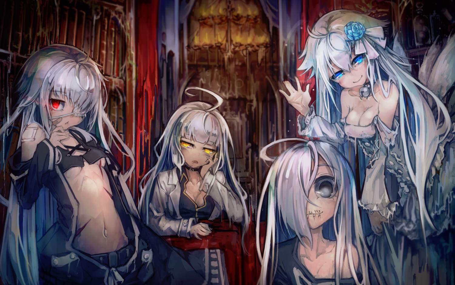 bandaid, bra, cleavage, dress, eyepatch, kajaneko, open_shirt, underboob