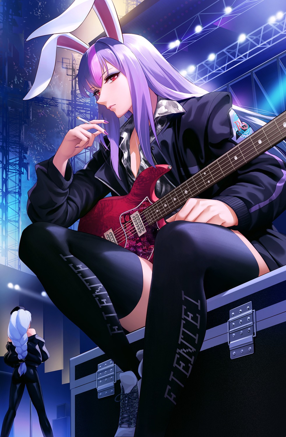 animal_ears, bunny_ears, guitar, kyoumaz, reisen_udongein_inaba, thighhighs, touhou, yagokoro_eirin