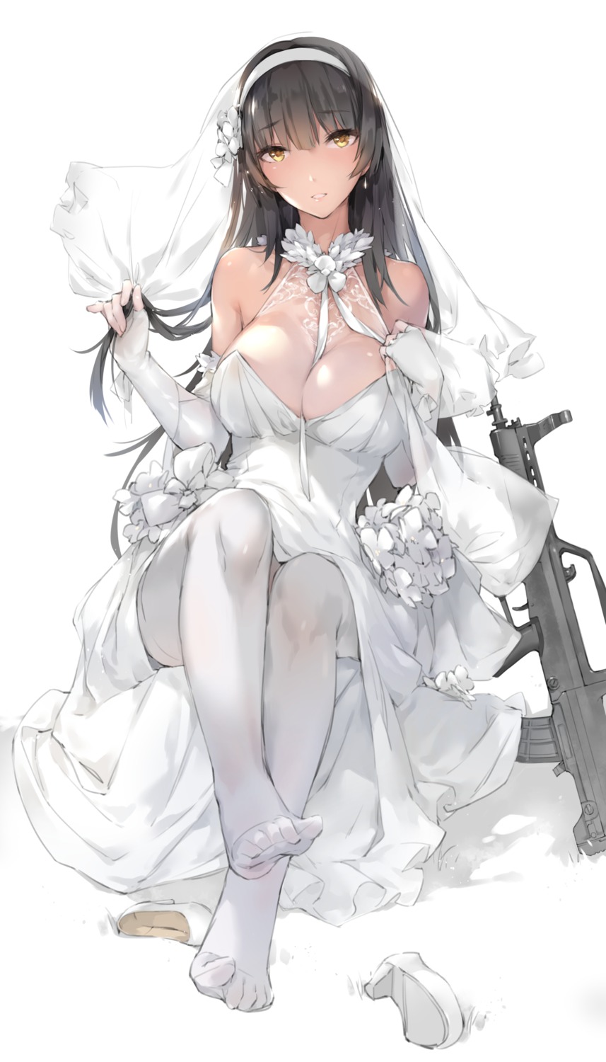 cleavage, dress, girls_frontline, gun, pantyhose, qbz-95_(girls_frontline), see_through, wedding_dress, xie_yizhen