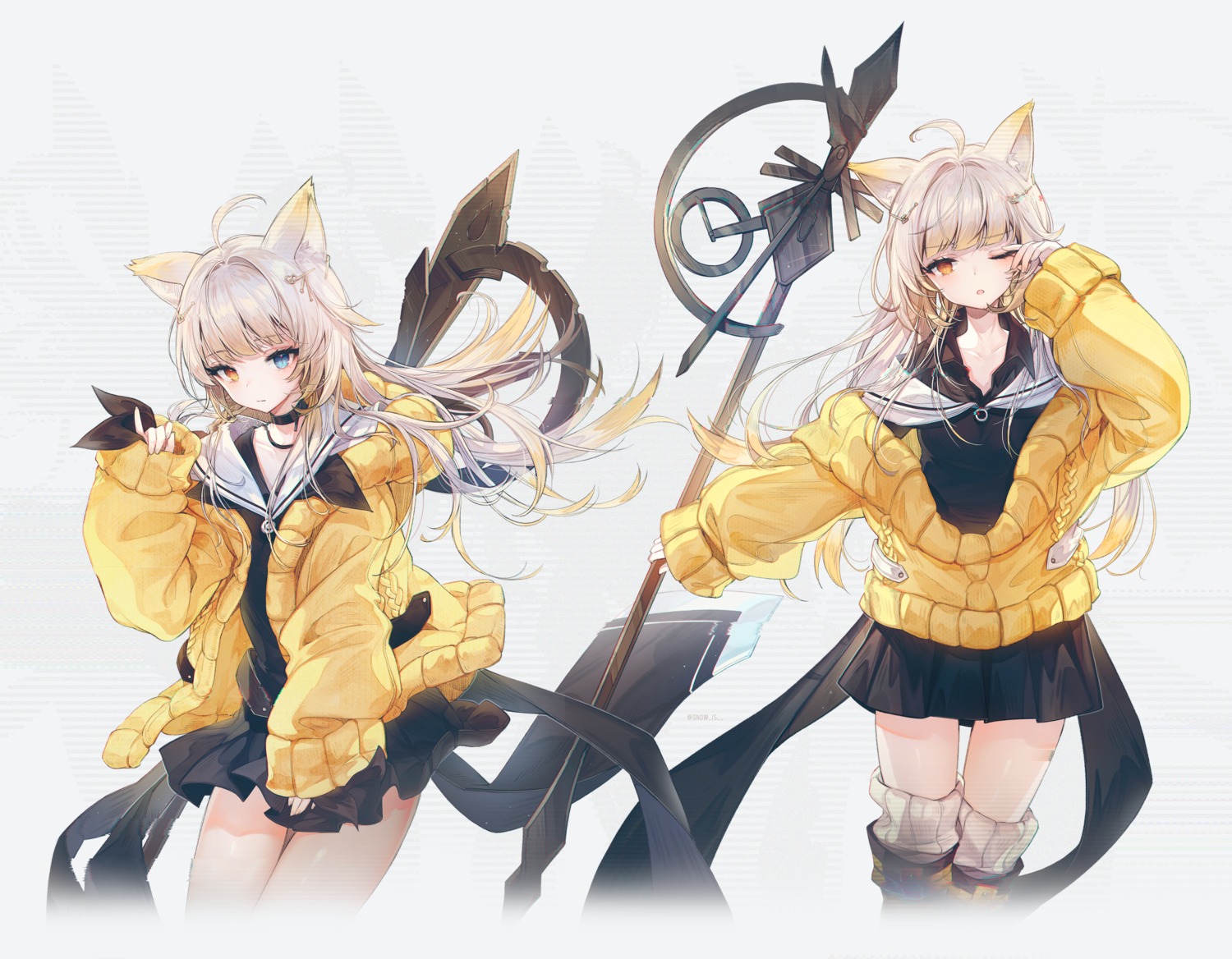 animal_ears, arknights, heterochromia, nightmare_(arknights), seifuku, snow_is, sweater, thighhighs, weapon