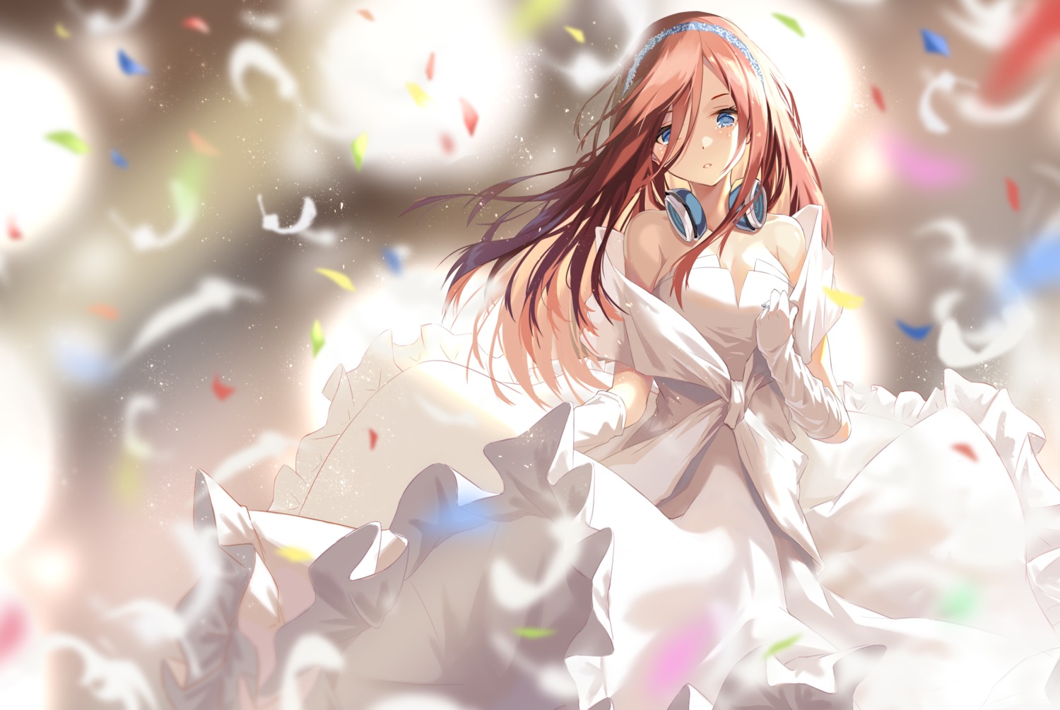5-toubun_no_hanayome, augu_(523764197), cleavage, dress, headphones, nakano_miku, wedding_dress
