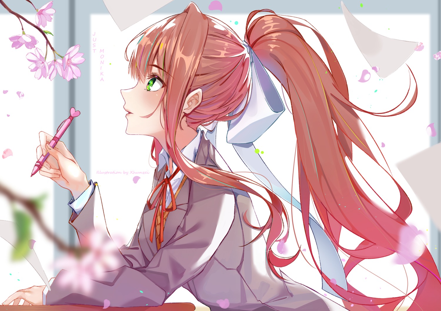 doki_doki_literature_club!, monika_(doki_doki_literature_club!), seifuku, sweater, xhunzei