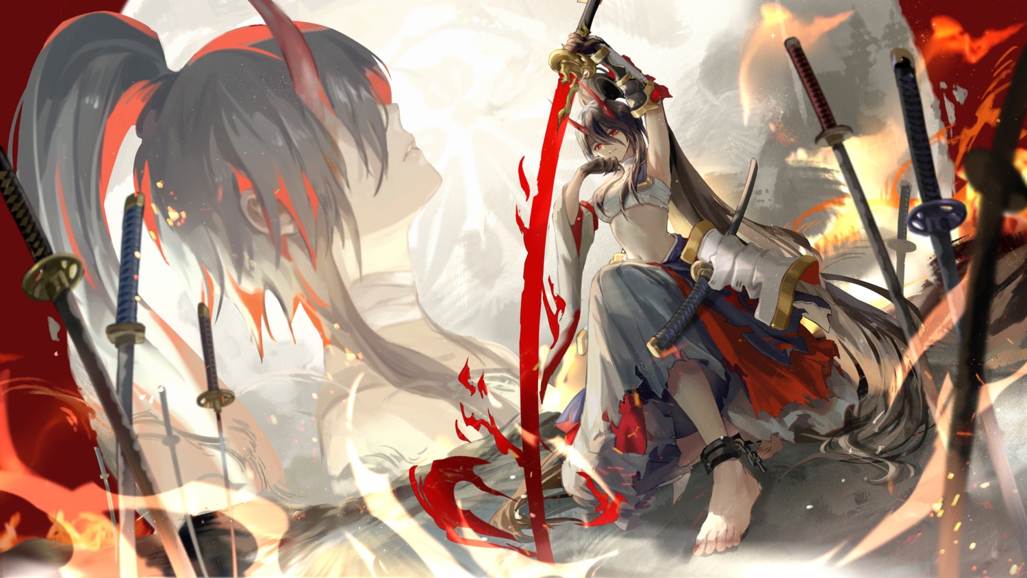 achyue, bikini_armor, feet, horns, japanese_clothes, pixiv_fantasia, pixiv_fantasia_last_saga, sword, torn_clothes, wallpaper