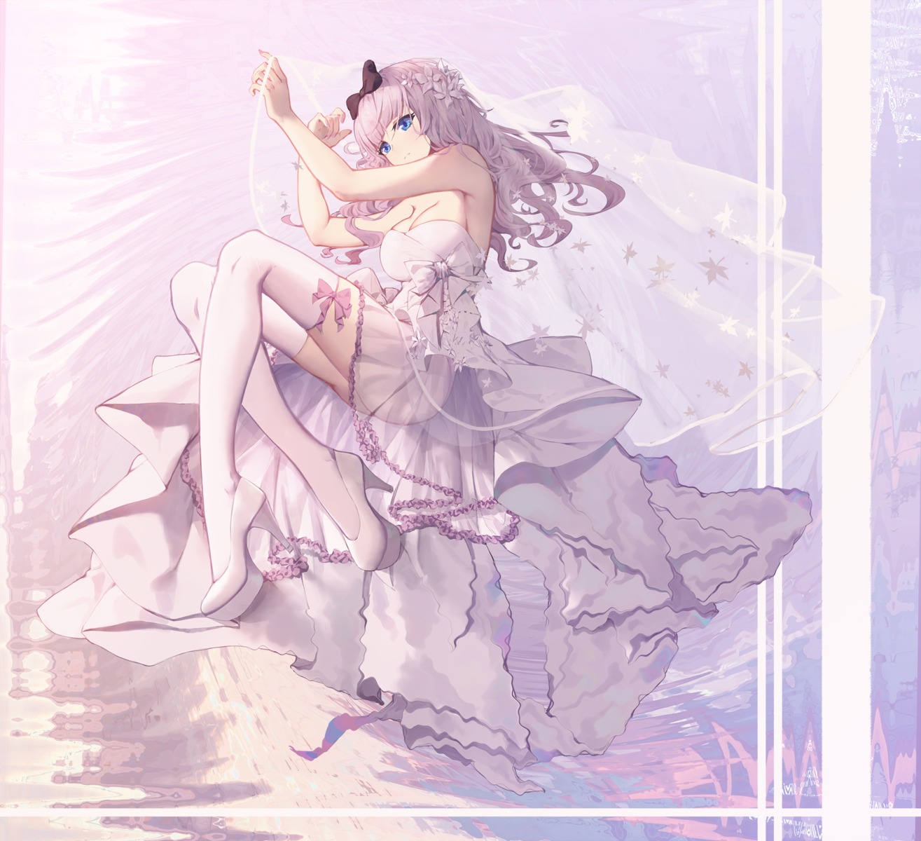 asa_ni_haru, cleavage, dress, fujiwara_chika, heels, kaguya-sama_wa_kokurasetai_~tensai-tachi_no_renai_zunousen~, see_through, thighhighs, wedding_dress